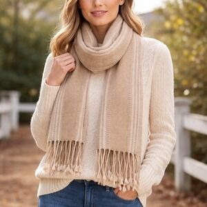 NOVICA 100 Artisan Alpaca Scarf Tan White Fringe Handmade Peru Women